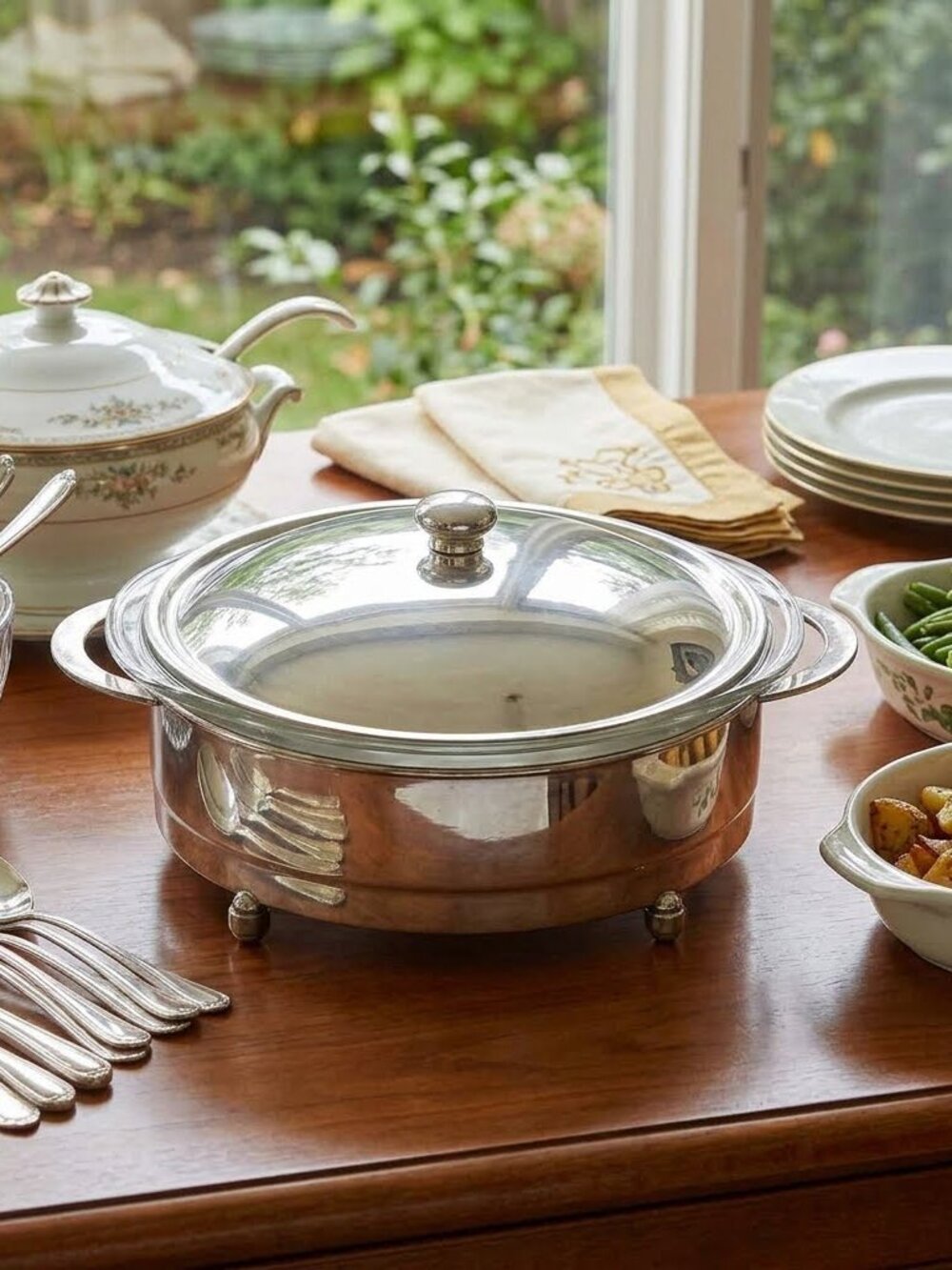 Vintage 1960s Pyrex x PM Italy Silver-Plated Chafing Dish with Original Insert